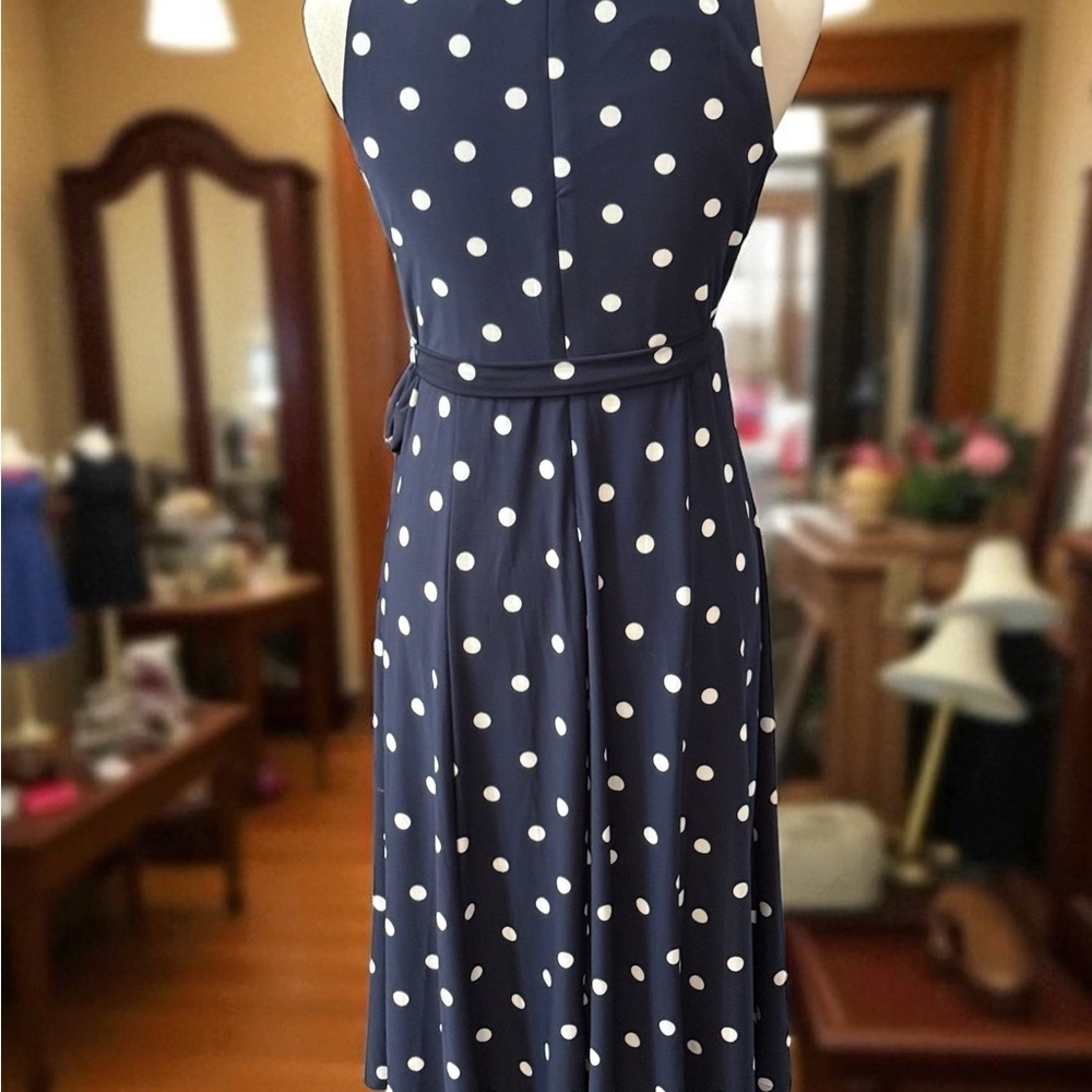Anne Klein Dark Blue and White Polka Dot Midi Dress - Picture 3 of 5